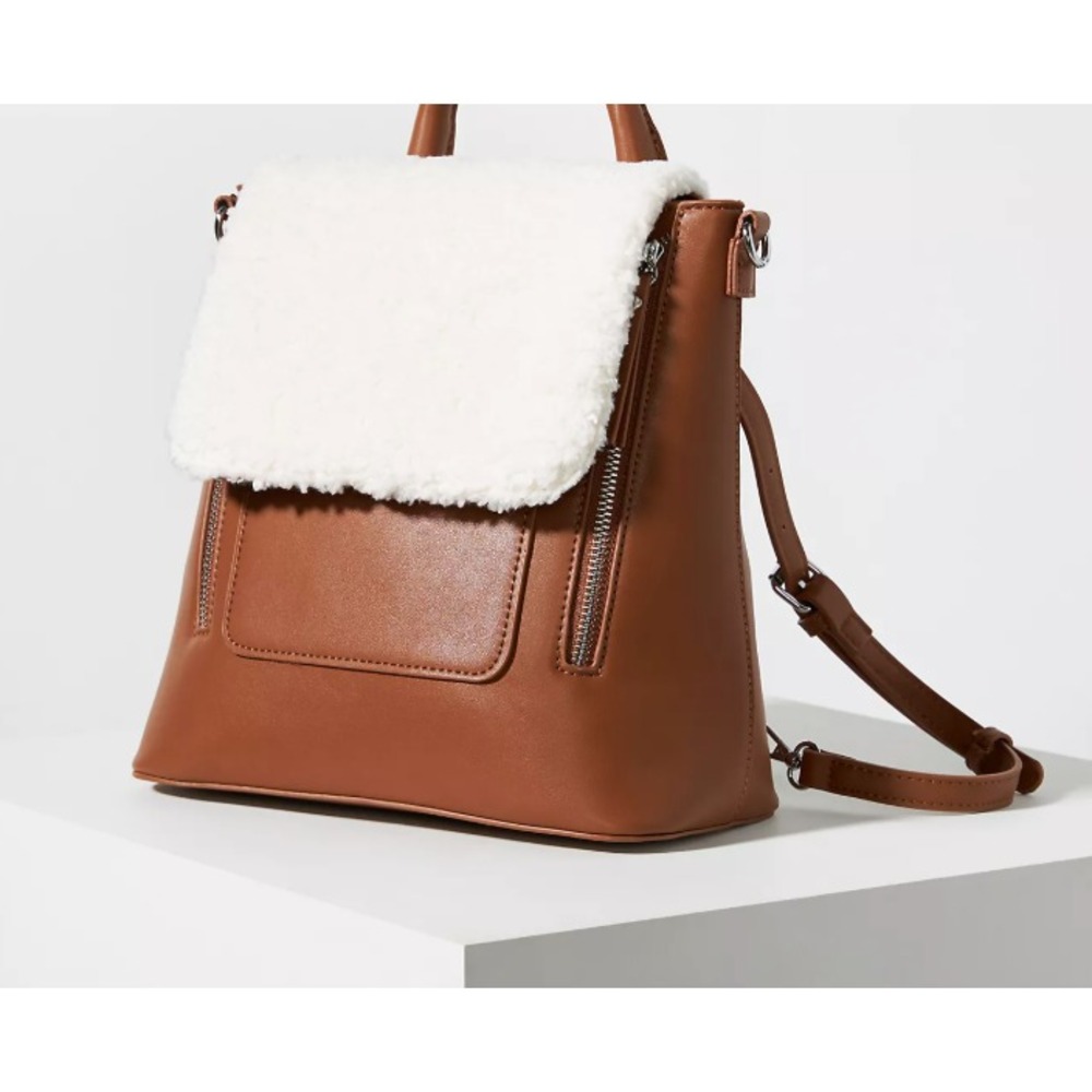 Anthropologie Sherpa Trimmed Convertible Backpack Purse Vegan Leather NEW